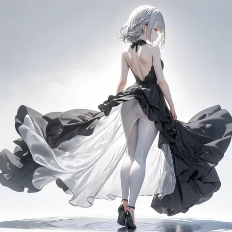 masterpiece, best quality, 8k, highres, ultra-detailed, HDR, UHD, 1girl,full body((back shot,back view)),Transparent white skin,silver hair color, side bang hair, layered bob hair, braid, black dress flowing,((perfect white background))