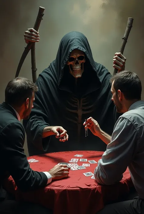 Death playing cards with a man between heaven and hell 