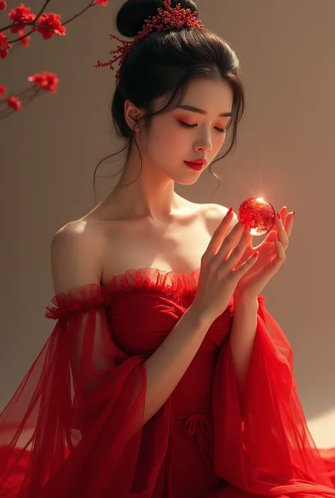 Can you make me a beautiful korean woman  wearing a crimson red dress holds a crimson stone. And with a pose