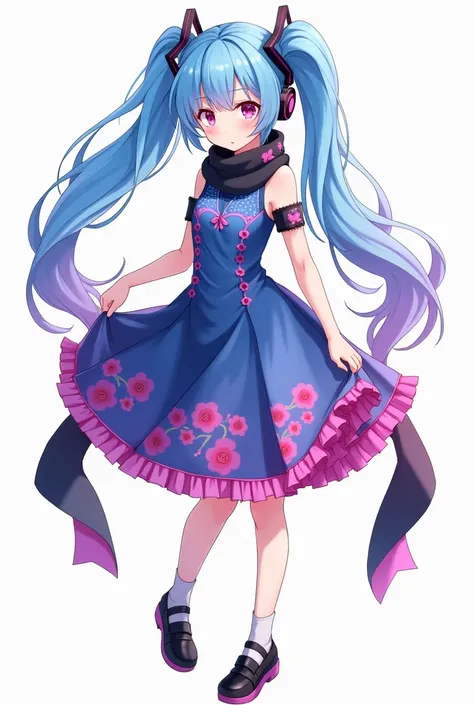 Sky blue long twintail.  Magenta eyes. Blue and magenta dress. Black muffler. Black headphones. Black shoe. 1 star on her face. Anime 2d art. Female. White background.  Ref sheets full picture 