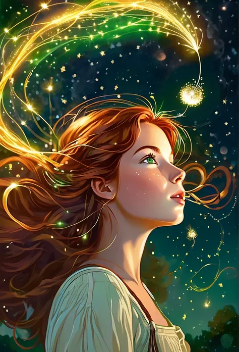 young woman, beautiful,  reddish brown hair , slightly braided hair ,  green eyes,  blowing with its breath a dandelion flower  ,   sinks into a sky of molten gold ,  throws a brilliant ribbon of whispers whispered through a canvas of swirling constellatio...