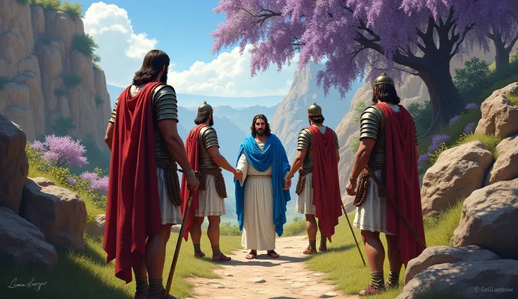 Four Roman Solders arresting Jesus, Jesus in blue scarf , path through calvary mountain , Jacaranda tree behind , bush flower