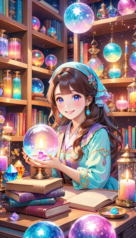 A girl who is a fortune teller is looking at the crystal ball with a happy face、 colors on room shelves and desks 々Magical tools （ colorful crystals and books、 candles, etc. ）There is a、、Pastel tones、 sparkling magic tools 、Her hair color is brown.、 cute、H...