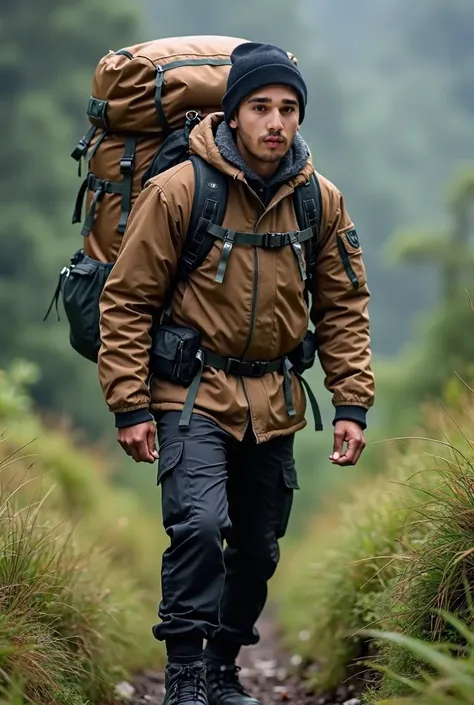 Real human photo Raka is a young Indonesian man, handsome, with a sharp nose, thin lips, short straight black hair, he is wearing plain brown winter jacket, black cargo pant,   black beannie, black mountain shoes, crrying big lacjksummit mountain backpack ...