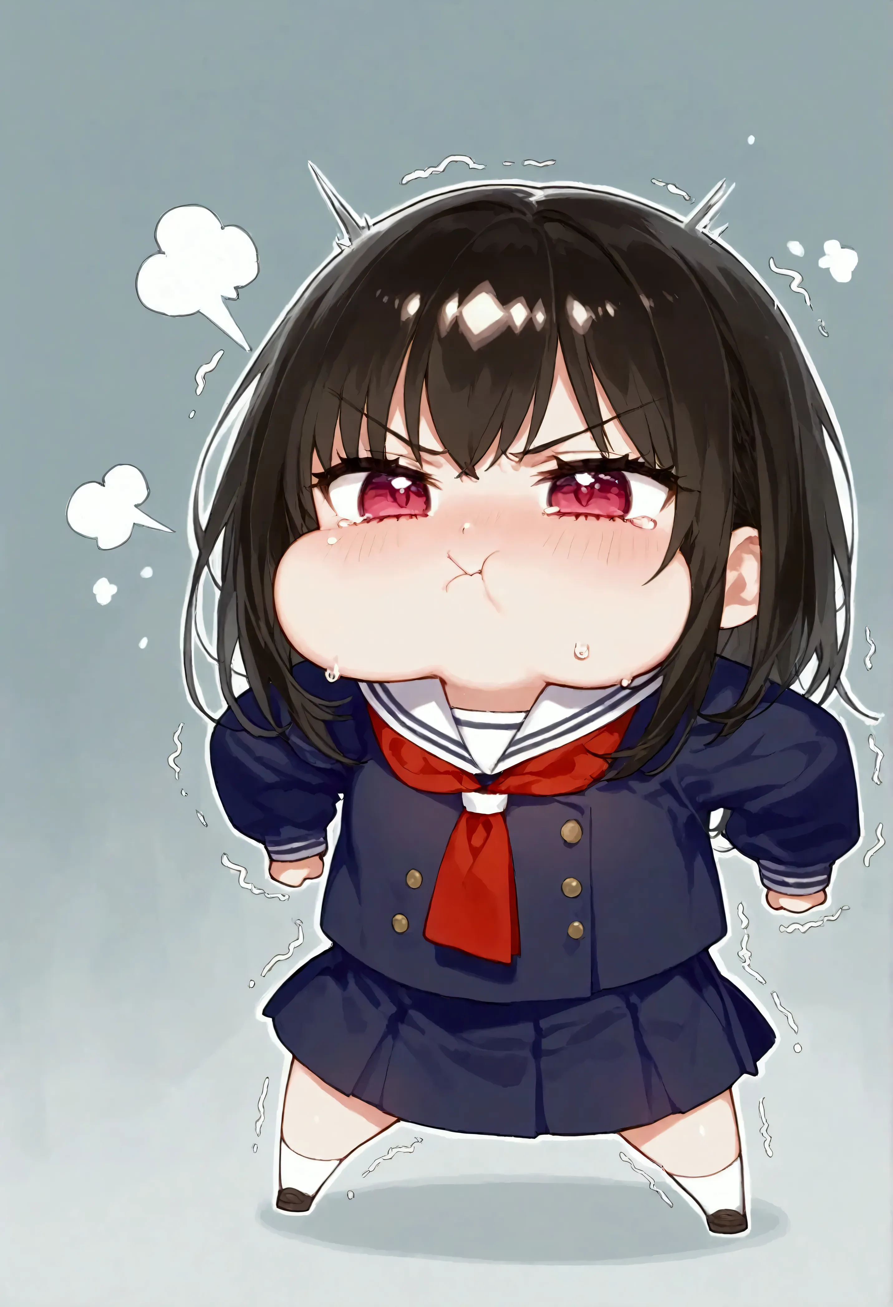 chibi,1girl, solo, full body,(puffy cheeks:1), (v-shaped eyebrows), trembling, anger effect, school sailor,masterpiece, best quality, good quality, newest,