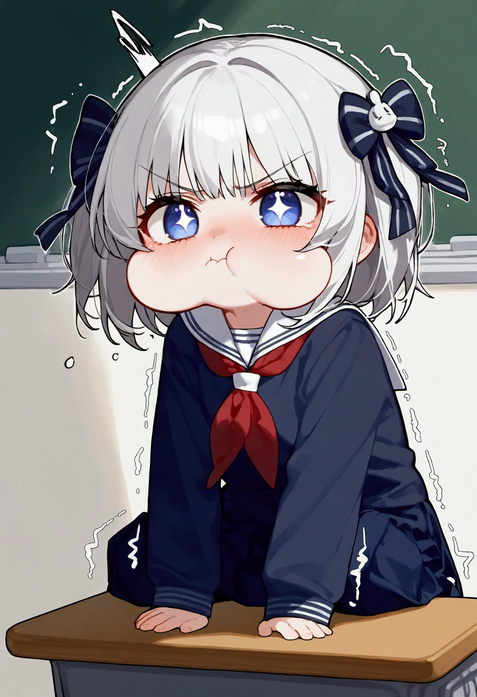 chibi,1girl, solo, full body,(puffy cheeks:1), (v-shaped eyebrows), trembling, anger effect, school sailor,masterpiece, best quality, good quality, newest,