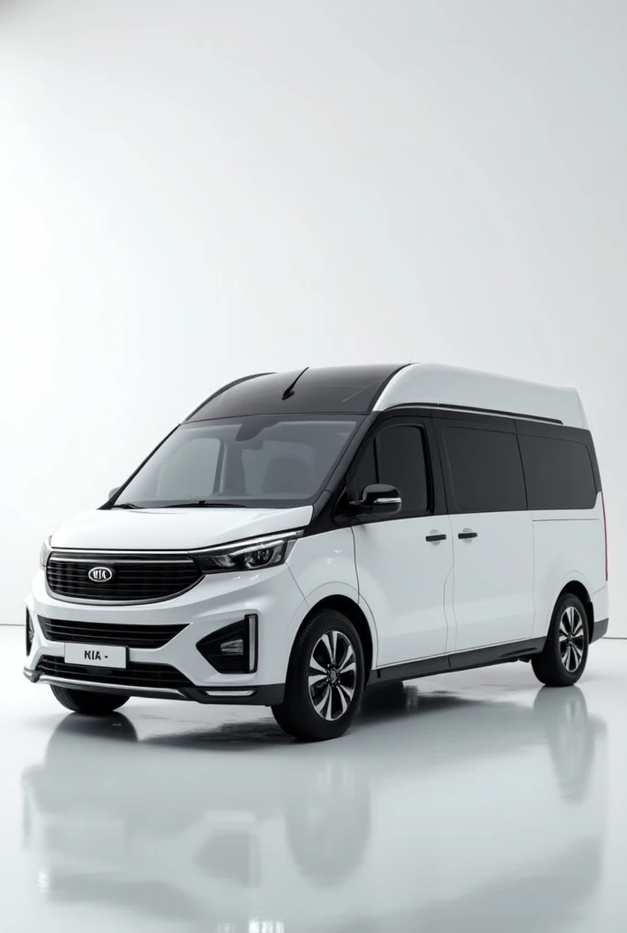 A full attractive hd photo of new 2025 kIA camper  van  motrhome below color of exterior. A white shiny showroom background logo on the wall. A KIA caper van with front right side of vehicle.