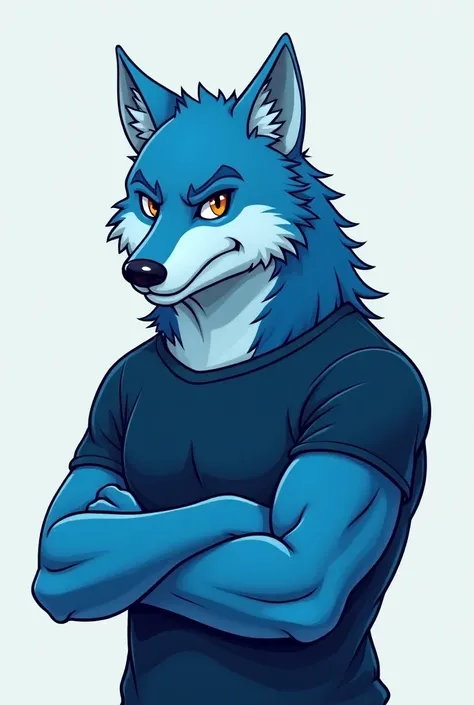 blue anthropomorphic wolf with a confident and defiant expression wearing a dark blue cartoon style t-shirt