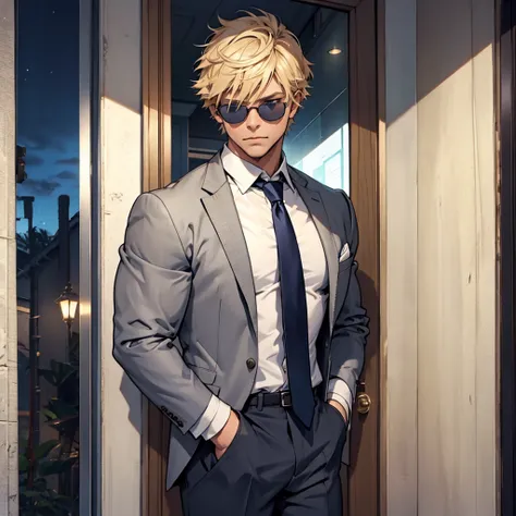 [male muscular, mature] [blonde hair, short styled hair, blue eyes] [sunglasses, business suite, tie] [night time] [detail eyes, detail face, detail hand] [alone, standing outside a door]