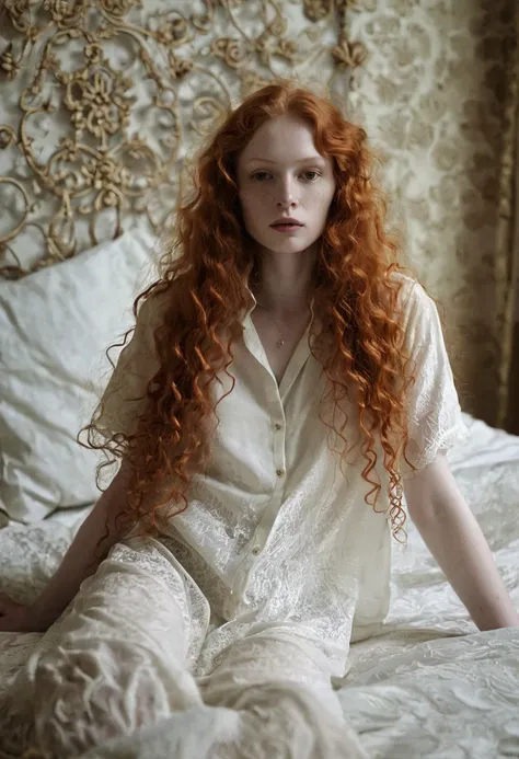 there is a woman sitting on a bed with long red hair, monia merlo, pale skin curly blond hair, with curly red hair, infp young woman, with pale skin, long ginger hair, infp girl, ginger wavy hair, with long curly hair, a stunning young ethereal figure, ins...