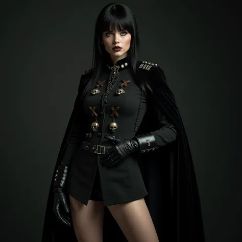 8K, Masterpiece, ultra-detailed. 40-year-old woman, originally from Eastern Europe: Medium height, straight layered black hair, deep grey eyes, fair complexion and mole under right eye. Personality: Dark, seductive and authoritative. Soft-gothic makeup
The...