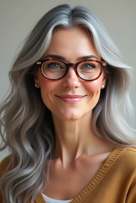  Create a realistic avatar for me
A 60-year-old lady.  Beautiful Long gray hair . Wear glasses with a rich frame .
Happy smile.  Delicate skin few expression lines
Delicate features . 