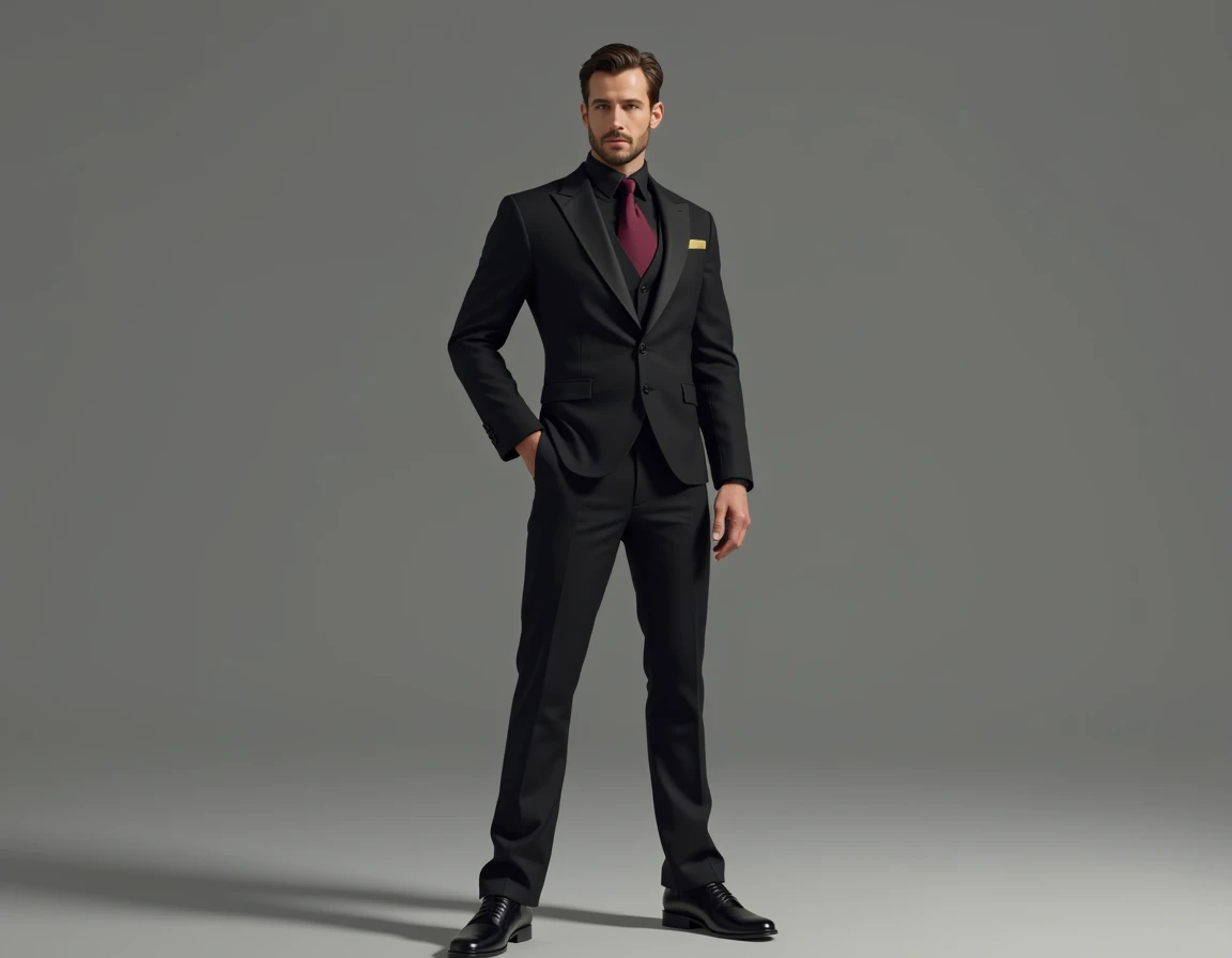 man with long sleeve shirt color black, wine red tie ,  formal vest black ,  black pants and black shoes