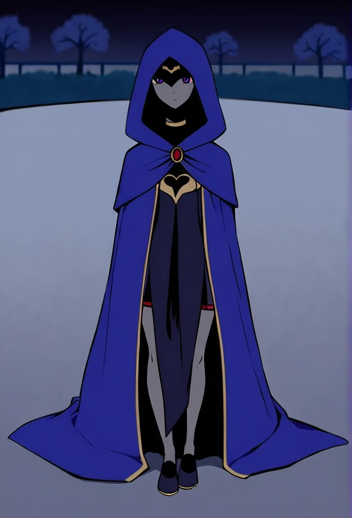 1girl, solo, raven (dc), purple eyes, purple hair, grey skin, forehead jewel, blue cape covering whole body, cape touches the ground. long blue cape, standing, night, park, hood covered head