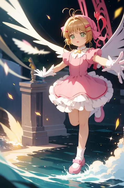 A beautiful girl in a pink dress with white wings jumping in the park, anime girl, Sakura Kinomoto, 20 years old girl, light pink headwear, frills, light pink dress, puffy short sleeves, white gloves, pink bow on the chest, white high socks, pink lolita sh...