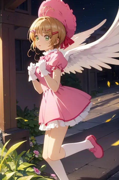 A beautiful girl in a pink dress with white wings jumping in the park, anime girl, Sakura Kinomoto, 20 years old girl, light pink headwear, frills, light pink dress, puffy short sleeves, white gloves, pink bow on the chest, white high socks, pink lolita sh...