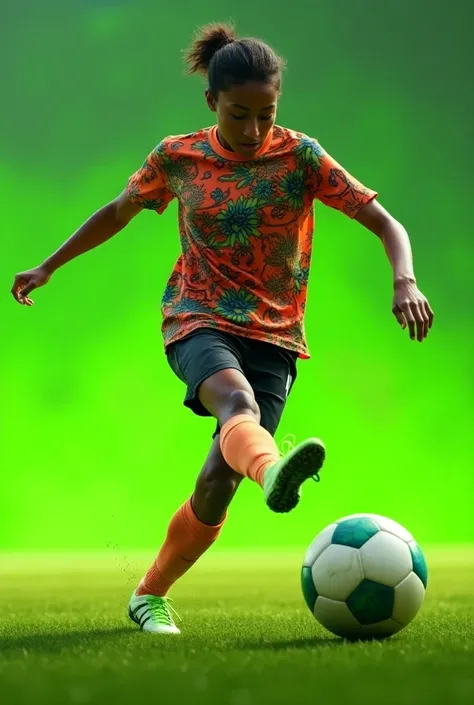 A soccer player kicking a soccer ball wearing a super visually striking t-shirt on a beautiful green field 