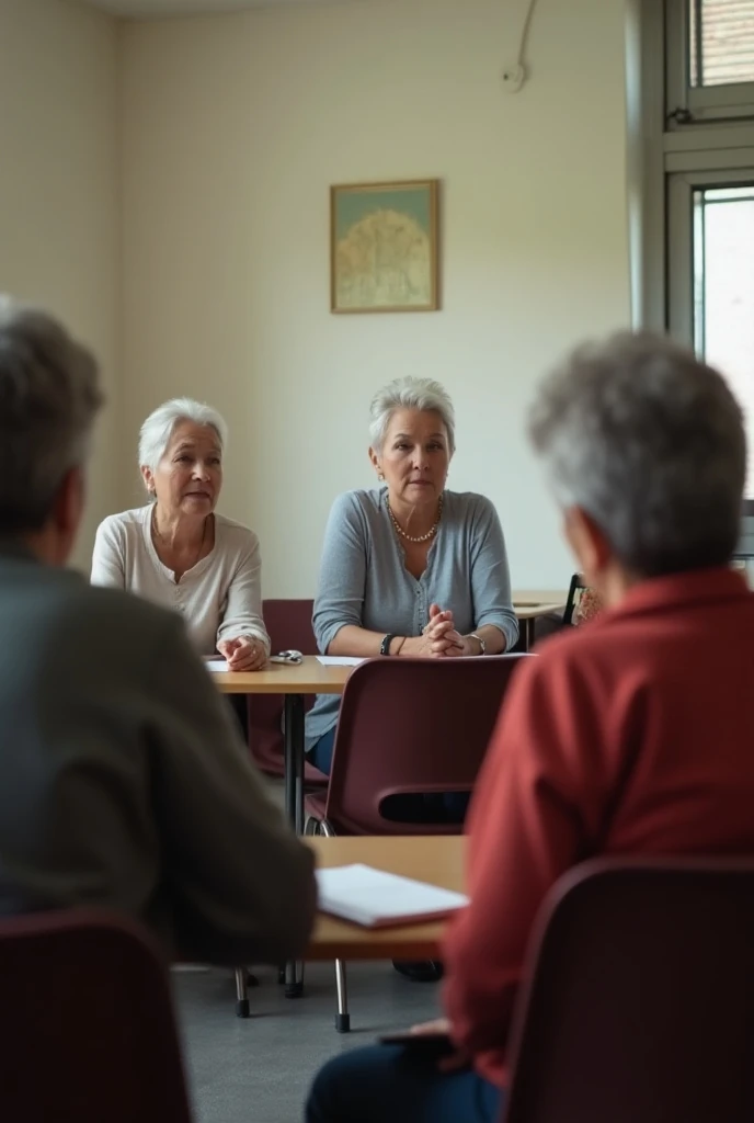  realistic photo from far and from behind ,  of three women aged approximately 50 to 60 , housewives,  of Chilean nationality and of lower stratum , who are listening to a talk ,  but who are only the three of them in a small room, half empty ,  with few c...