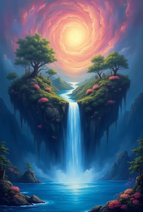 On a breathtaking cosmic floating island, swirling colors dance in ethereal harmony, forming a landscape of otherworldly beauty. The main subject of this acrylic painting is a shimmering waterfall cascading into a crystal-clear lake surrounded by lush, glo...