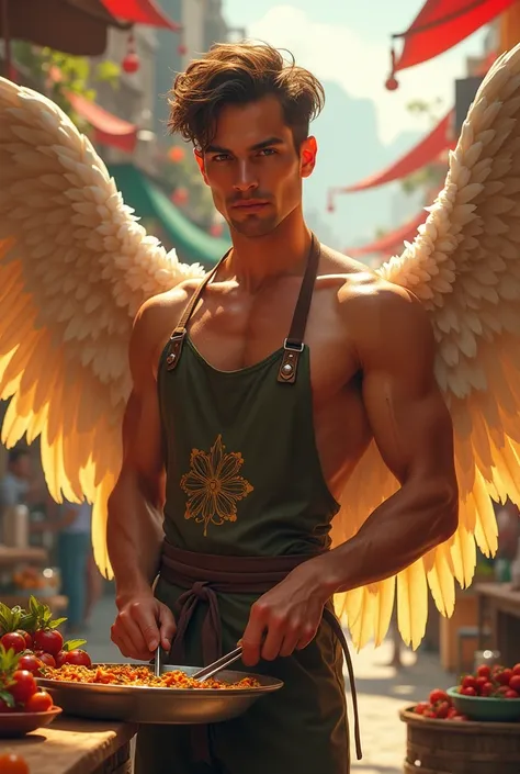 In a vibrant marketplace filled with colorful stalls and the enticing aroma of fresh produce, a tall, muscular young angel stands as the master chef. His short, tousled hair glistens under the warm sun, accentuating his strikingly handsome face, defined by...