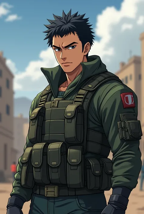 anime, Personagem original, man, moreno, short dark hair, wearing a combat suit 