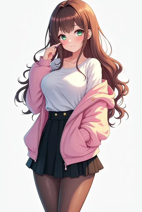  anime style,  Luna a young woman with pale skin , long and curly brown hair, oji-green ,  hourglass body,  wide sideburns ,  very well tronified legs , d cup breasts, He wears a white shirt,  with a pale pink loose-fitting sweatshirt ,  a Korean-style bla...