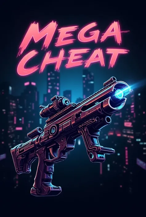 Neon light cyberpunk logo of name MEGA   CHEAT full futurestic gun mixed