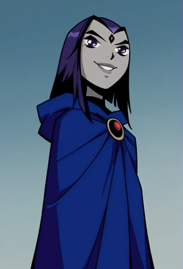 1girl, solo, raven (dc), purple eyes, smile, purple hair, grey skin, forehead jewel, blue cape covering whole body, long blue cape, standing, hood covered head, from below 