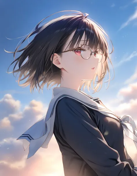 1girl, little female, school uniform, short hair, beautiful breasts, glasses, jitome, open mouth, outdoors,wind, game CG break,((artist:shida_kazuhiro)),(artist:mitsumi_misato),(artist:fujiyama),,(masterpiece), (best quality), (ultra-detailed), very aesthe...