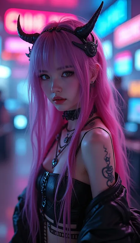 1 cyber goth girl, Long hair in a pink color with a gradient of violet, cyber goth clothing, very colorful scene, Neon lights, cyber ornaments, Computers, computer terminals, Japanese manga style:1.5. HD,Hyper detailed and realistic 8K, skin texture:1.4