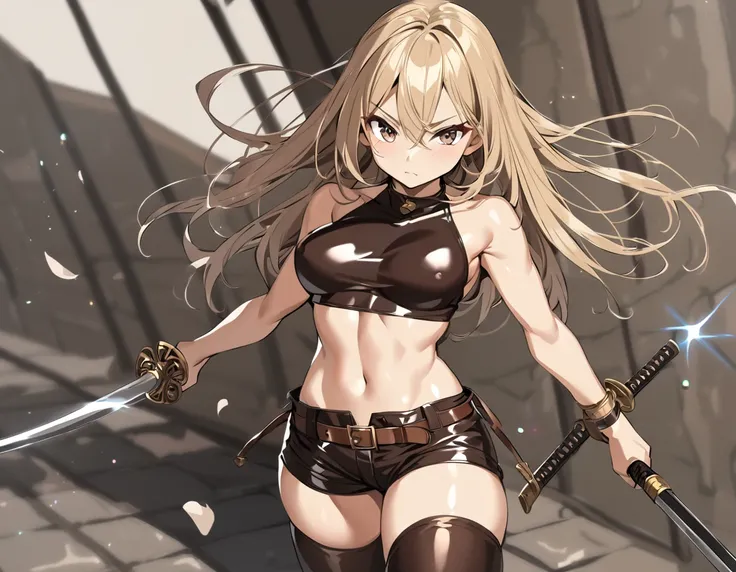 dark brown leather short shorts, dark brown leather small top, dark brown leather thigh highs, two short swords, medium boobs, perfect boobs, sexy boobs, Blonde hair, sexy warrior woman