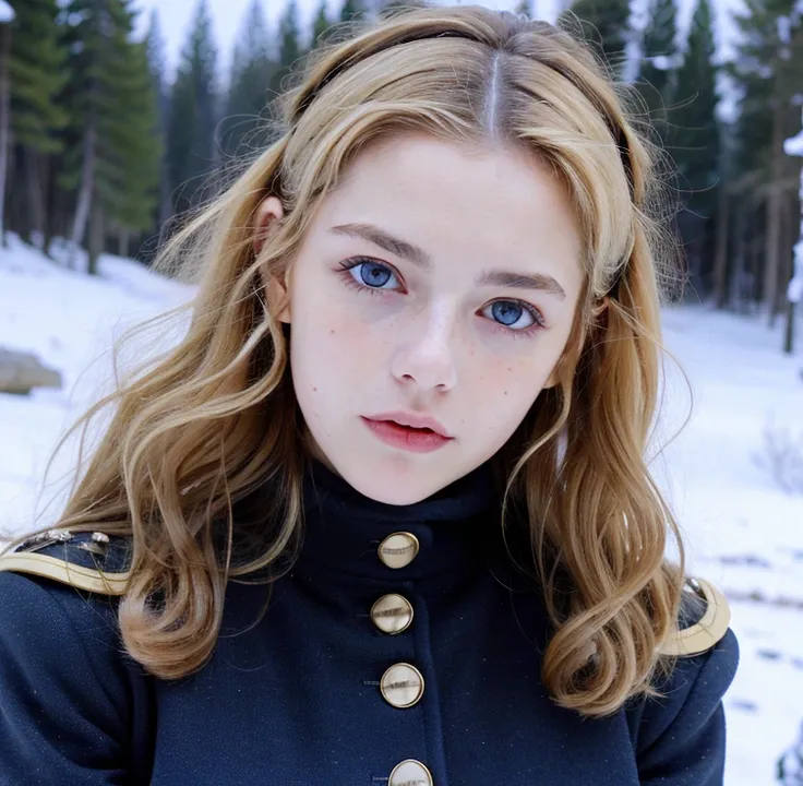 Pretty woman,cute,huge natural breasts, blonde hair curly/flowing, detailed dark BLUE eyes and face, not to skinny, make it ultra-realistic, western european girl, in the snow in the mountains, military uniform (modern military clothing elelments), extreme...