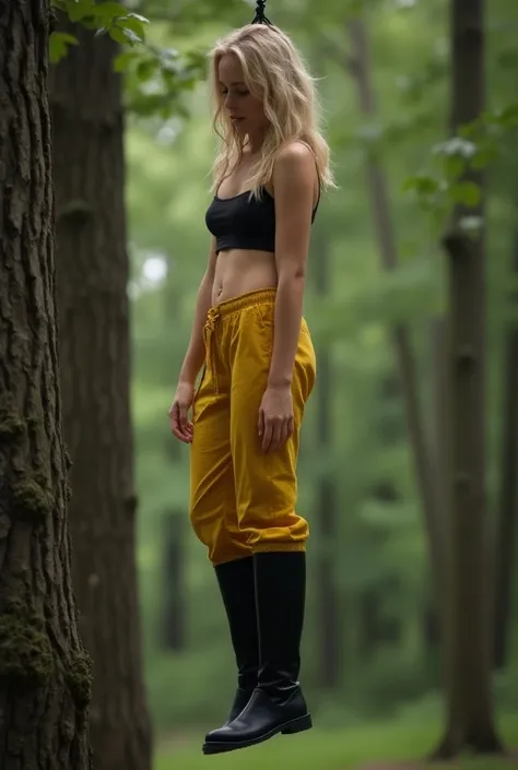 Scene of a pretty blonde girl wearing her loose yellow pants tucked into tall black knee-high boots. she has been executed by hanging by the neck from a tree and she is dangling high, 2 meters in the air high above ground, hands firmly tied behind her back...