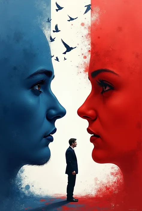 Composition artistique en trois parties. 
 On the left the image is blue like the ocean. 
In the center it is white as snow . 
À droite elle est rouge comme la braise.
Au centre on voit une silhouette dun homme devant une foule qui lécoute.