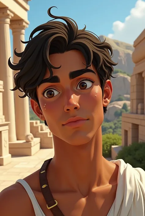 Cute moderately brown man, 2 spots on the cheek ,  brown eyes , without facial hair,  short wavy hair  (Greek mythology)