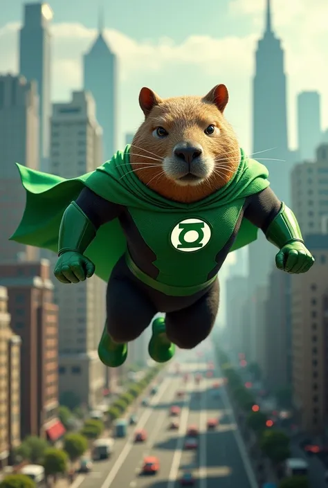 I would like to create a capybara or capybara dressed in the Green Lantern costume flying over a city