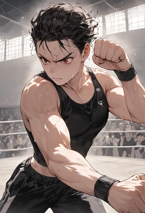 (masterpiece,  Top Quality , Very aesthetic , 4K、illustration),  Fine Details , 1 woman,Alone,Contrast ,  shining eyes , (Martial artist ), A mature 25 year old,  beautiful face in sportswear bottoms,  wearing a bandage on his hand during boxing,  clenches...