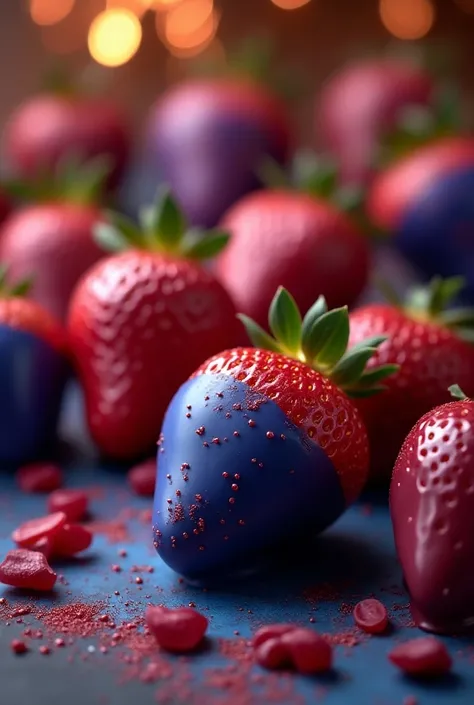  strawberries covered with red, blue and purple chocolate for birthday parties, special days and engagement of the bride and groom 