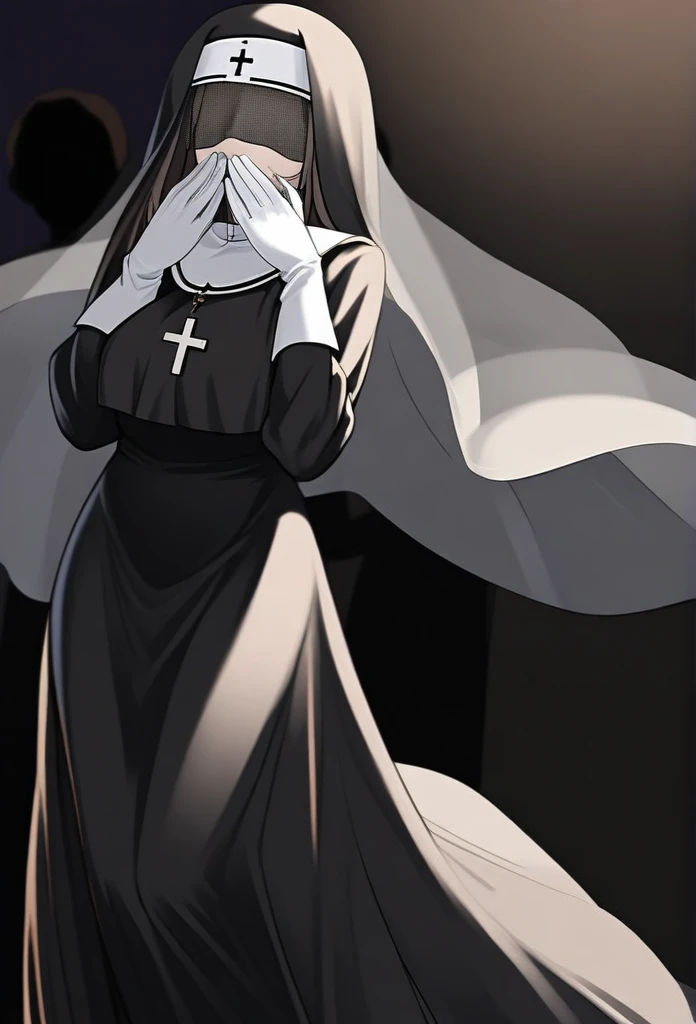 a woman in a black dress in nun, black nun, long skirt, faceless,veil mask /(Veil mask covering face) white gloves.