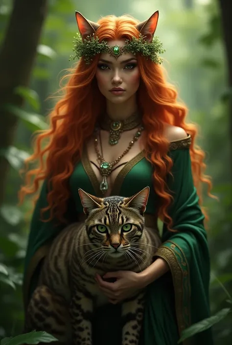  A magical and powerful woman with long dark orange hair, brown eyes knew ,  Connected to nature and wealth ...  With a big, gray feline with green eyes ,  next to the woman protecting her , being her guardian ... 