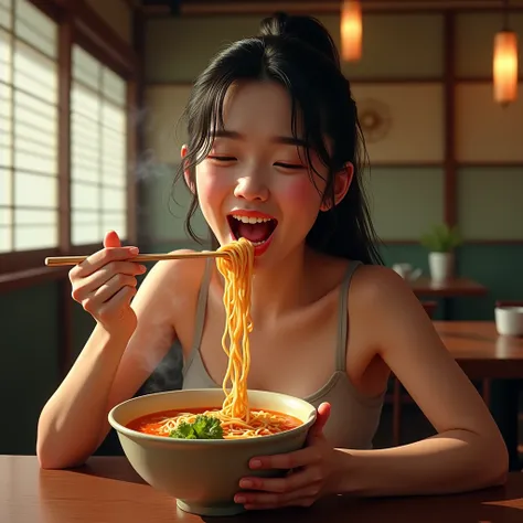  the texture of the skin is real , A little sweat,  A Thai actress is eating spicy Japanese ramen in a cool black bowl,High Resolution, Open your mouth wide and eat the noodles, The background is a beautiful Japanese-style room reminiscent of ramen ,Smile,...