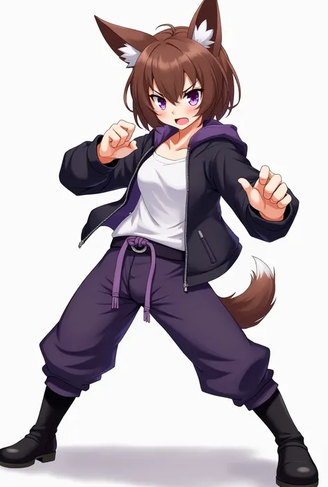 Anima adult female, short brown hair, brown dog ears,  white shirt, black purple clothing zip up jacket,black boots, angry, purple eyes, fighting, pants, martial arts stance