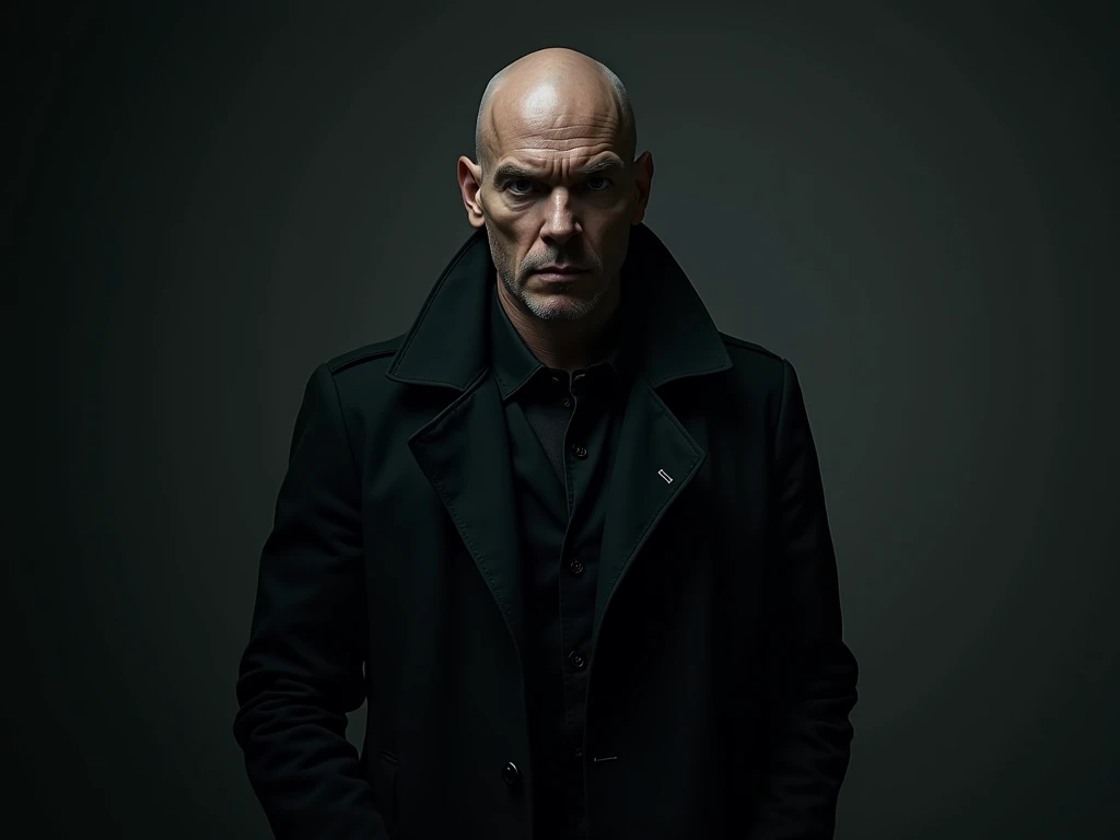 A portrait of a tall, intimidating man in his 30s, bald with pale skin and intense dark eyes, wearing a sleek black coat and expensive American sneakers. He stands in the shadows, looking directly into the camera with a slightly menacing expression. The di...