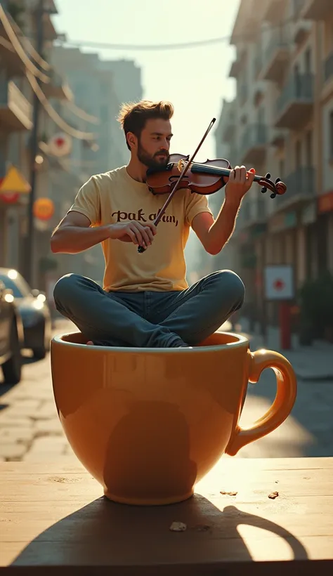  Hipper realistic image of a large love-shaped cup filled with warm coffee ,  a 45-year-old younger man sitting on the cup , wearing a t-shirt with writing "PAK AFEN " in embossed style and playing the violin ,
 Quiet atmosphere on a wooden table on the ed...