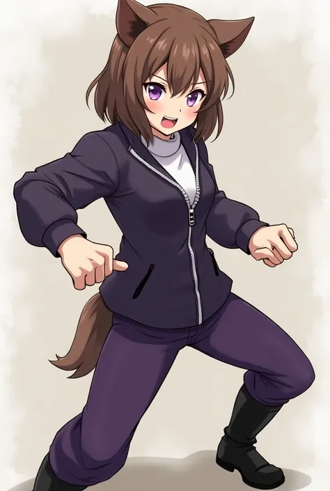 Anima grown woman short brown hair, brown dog ears,  white shirt, black purple clothing zip up jacket,black boots, angry, purple eyes, fighting, pants, martial arts stance