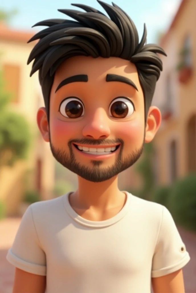 Fais un personnage pixar: il a 19 qns presque 20 ans, la peau claire,une barbe , les cheveux boucles tres court et noir,les yeux noir , il porte une maillot blanc