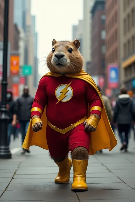 I would like to create the image of a capybara or capybara chigüire wearing the Flash costume, the character from DC comics, as if he were walking the streets of Central City in real form.