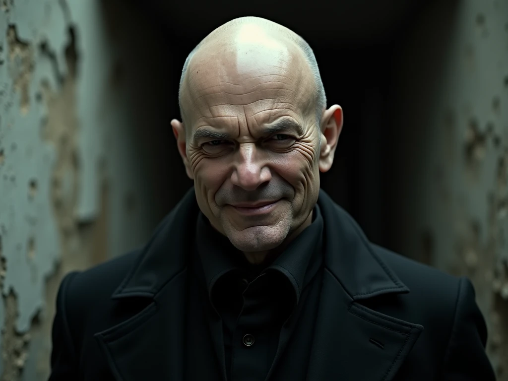 A close-up image of the bald man’s face, his eyes squinting slightly in a condescending smirk. His sleek black coat is visible, and his expression is smug, as if he’s taunting. The background is blurred, with hints of an old, decayed building wall. The lig...