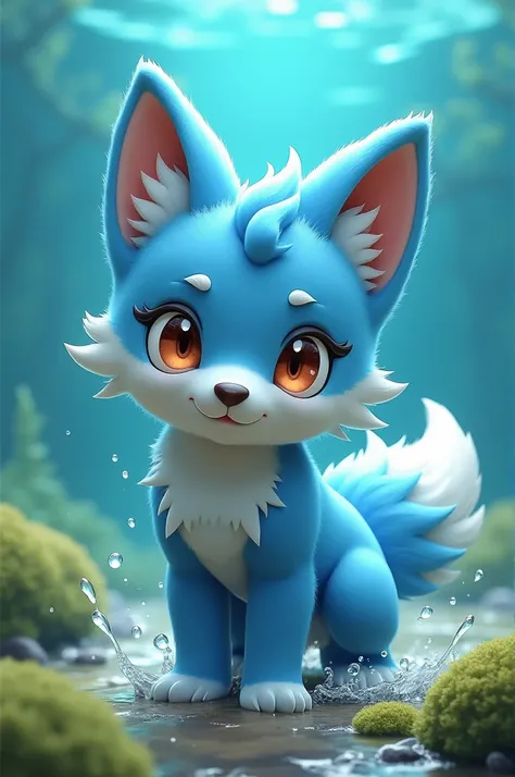 Pokemon, 3d anime, baby wolf, blue skin, water and ground type