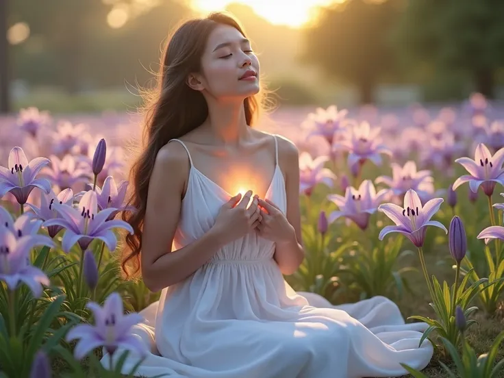 A hyper-realistic image of a young woman sitting on the grass, surrounded by light purple lily flowers. She is wearing a long white dress with no neckline. Her eyes are closed, her hair is long and loose, and her face is angelic. Her hands rest delicately ...